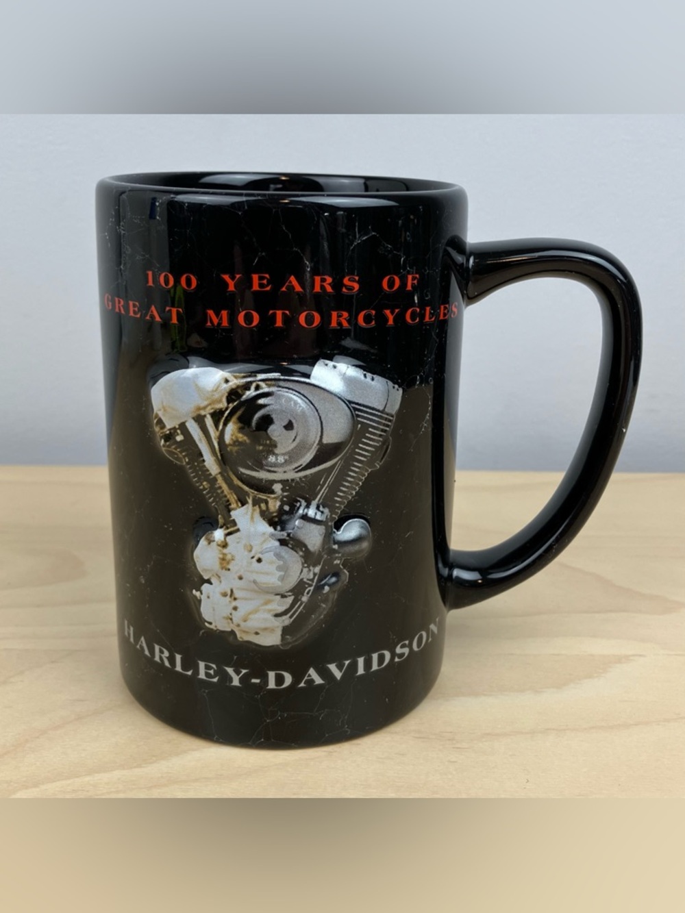 2003 Harley Davidson 100th Anniversary Coffee Mug Black Marble Embossed Engine